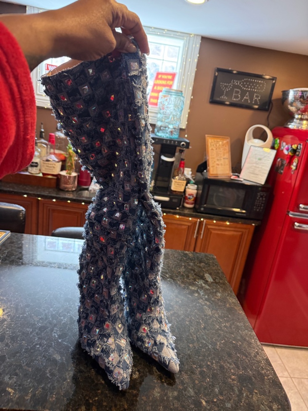 Studded Denim Knee-High Heeled Boots - Blue